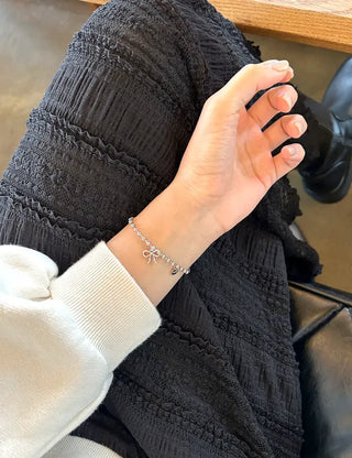 Cute Ribbon Love Engraved Silver Ball Chain Bracelet
