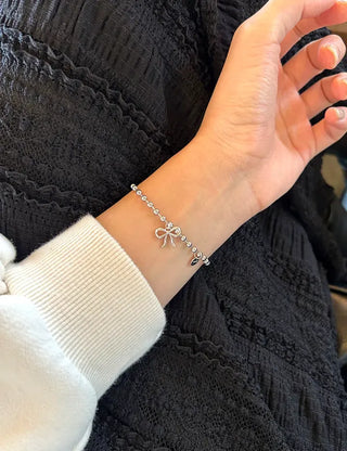 Cute Ribbon Love Engraved Silver Ball Chain Bracelet