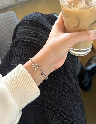 Cute Ribbon Love Engraved Silver Ball Chain Bracelet