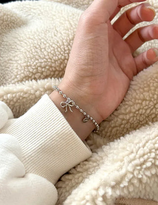Cute Ribbon Love Engraved Silver Ball Chain Bracelet