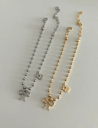 Cute Ribbon Love Engraved Silver Ball Chain Bracelet