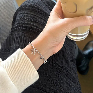Cute Ribbon Love Engraved Silver Ball Chain Bracelet