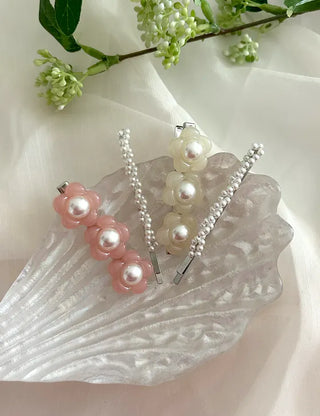 Set of 2 Heart Flower Pearl Bobby Pins Claw Clips Hair Pins