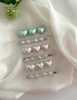 Set of 2 Heart Flower Pearl Bobby Pins Claw Clips Hair Pins