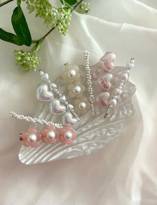 Set of 2 Heart Flower Pearl Bobby Pins Claw Clips Hair Pins