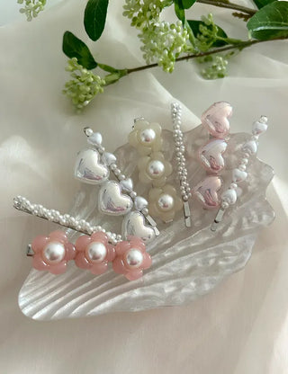 Set of 2 Heart Flower Pearl Bobby Pins Claw Clips Hair Pins
