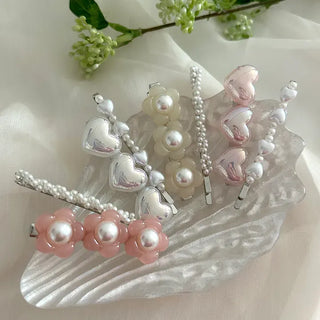 Set of 2 Heart Flower Pearl Bobby Pins Claw Clips Hair Pins