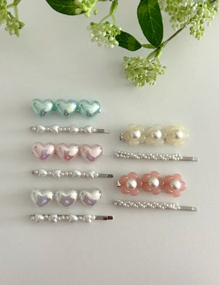 Set of 2 Heart Flower Pearl Bobby Pins Claw Clips Hair Pins