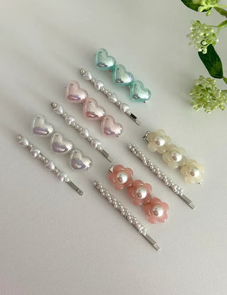 Set of 2 Heart Flower Pearl Bobby Pins Claw Clips Hair Pins