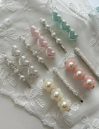 Set of 2 Heart Flower Pearl Bobby Pins Claw Clips Hair Pins