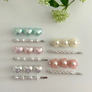 Set of 2 Heart Flower Pearl Bobby Pins Claw Clips Hair Pins