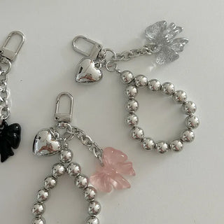Bold Silver Bead Strap Ribbon Bag Keyring Bag Charm