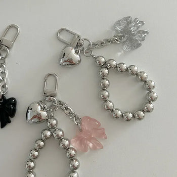 Bold Silver Bead Strap Ribbon Bag Keyring Bag Charm