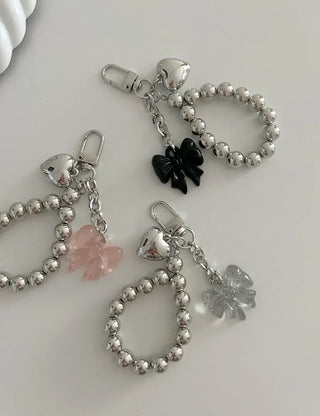 Bold Silver Bead Strap Ribbon Bag Keyring Bag Charm