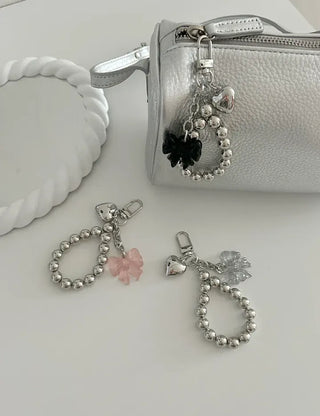 Bold Silver Bead Strap Ribbon Bag Keyring Bag Charm