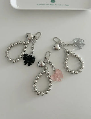 Bold Silver Bead Strap Ribbon Bag Keyring Bag Charm
