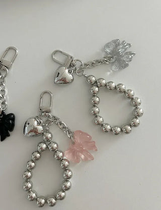 Bold Silver Bead Strap Ribbon Bag Keyring Bag Charm