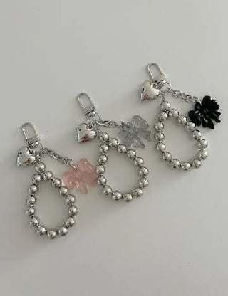 Bold Silver Bead Strap Ribbon Bag Keyring Bag Charm
