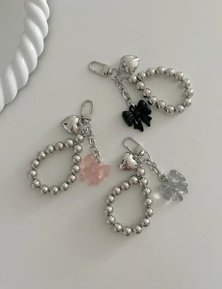 Bold Silver Bead Strap Ribbon Bag Keyring Bag Charm