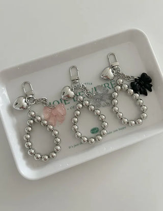 Bold Silver Bead Strap Ribbon Bag Keyring Bag Charm
