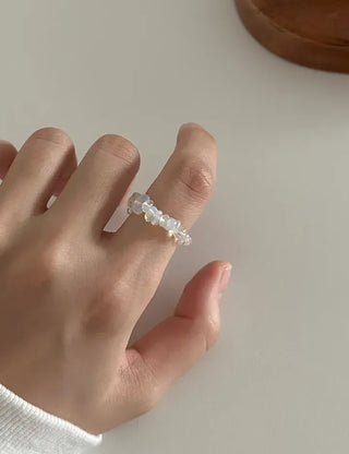 Gemstone Beach Moonstone Rose Quartz Transparent Bead Ring