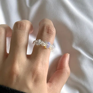 Gemstone Beach Moonstone Rose Quartz Transparent Bead Ring