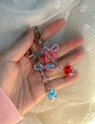 Mushroom Bead Ribbon Mini Keyring Phone Strap