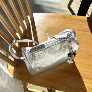 Two-way cowhide round mini silver crossbody bag