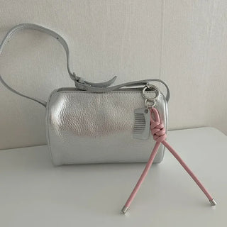 Two-way cowhide round mini silver crossbody bag