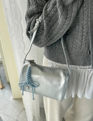 Two-way cowhide round mini silver crossbody bag
