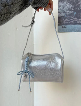 Two-way cowhide round mini silver crossbody bag