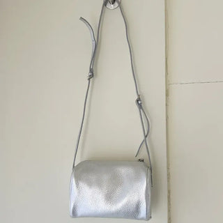 Two-way cowhide round mini silver crossbody bag