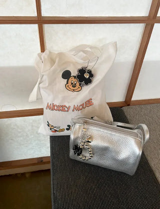 Two-way cowhide round mini silver crossbody bag