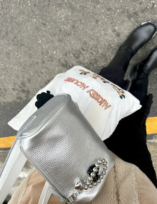 Two-way cowhide round mini silver crossbody bag