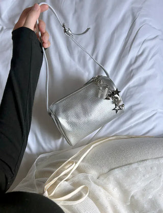 Two-way cowhide round mini silver crossbody bag