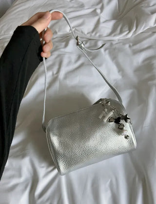Two-way cowhide round mini silver crossbody bag