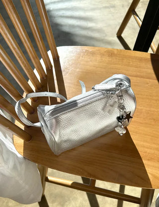 Two-way cowhide round mini silver crossbody bag