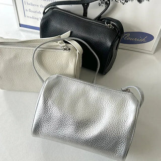 Two-way cowhide round mini silver crossbody bag