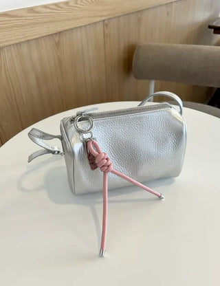 Two-way cowhide round mini silver crossbody bag