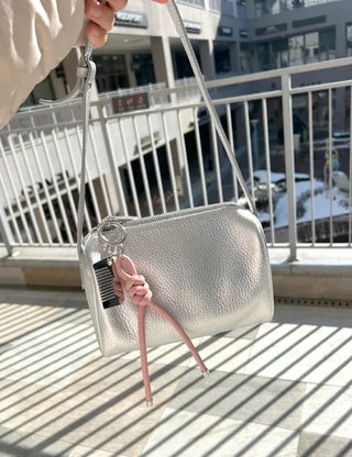 Two-way cowhide round mini silver crossbody bag