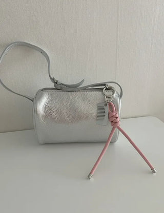 Two-way cowhide round mini silver crossbody bag