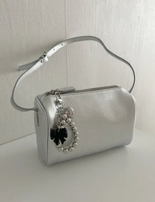 Two-way cowhide round mini silver crossbody bag