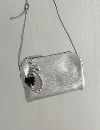 Two-way cowhide round mini silver crossbody bag
