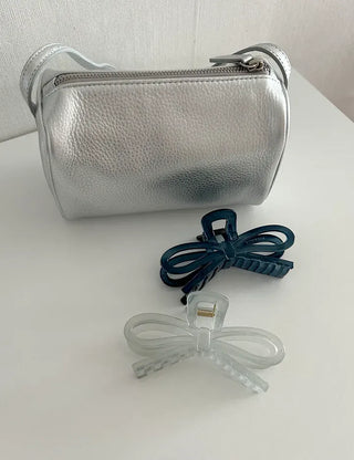 Two-way cowhide round mini silver crossbody bag