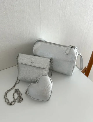 Two-way cowhide round mini silver crossbody bag