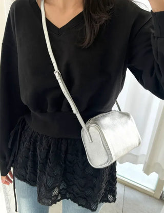 Two-way cowhide round mini silver crossbody bag