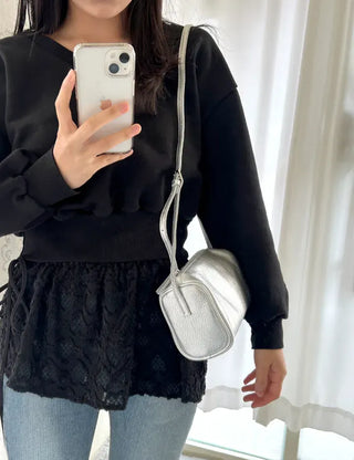 Two-way cowhide round mini silver crossbody bag