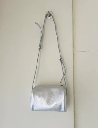 Two-way cowhide round mini silver crossbody bag