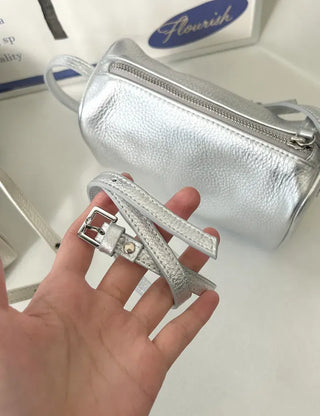 Two-way cowhide round mini silver crossbody bag