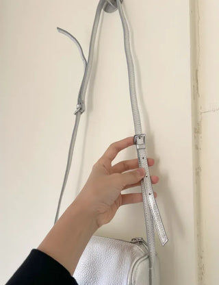 Two-way cowhide round mini silver crossbody bag